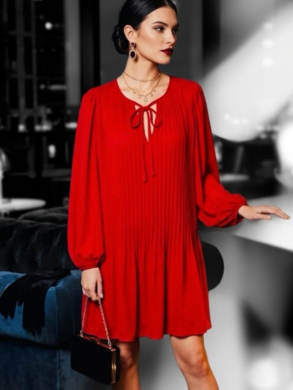 NWT. A new day Red Pleated Tie-Neck Mini Dress. Size S.